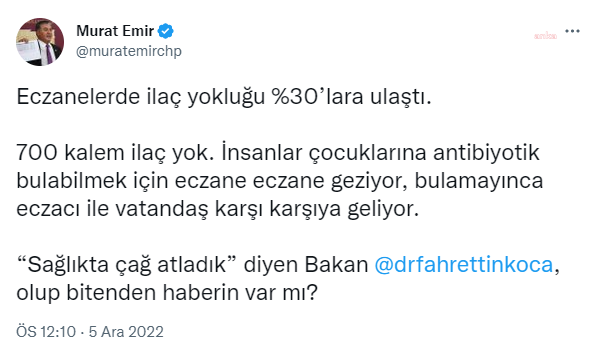 MURAT EMİR: İLAÇ SEKTÖRÜ KURUMA NOKTASINA GELMİŞ DURUMDA. BİR AN EVVEL BU DURUMA EL ATILMASI LAZIM