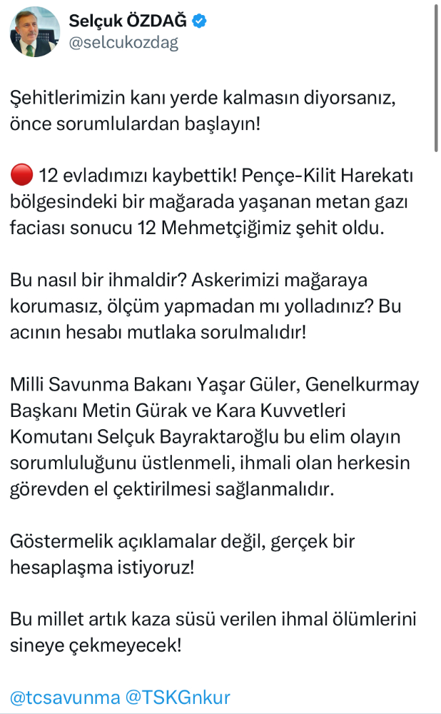 Selçuk Özdağ: “Şehitlerimizin Kanı Yerde Kalmasın Diyorsanız, Önce Sorumlulardan Başlayın!”