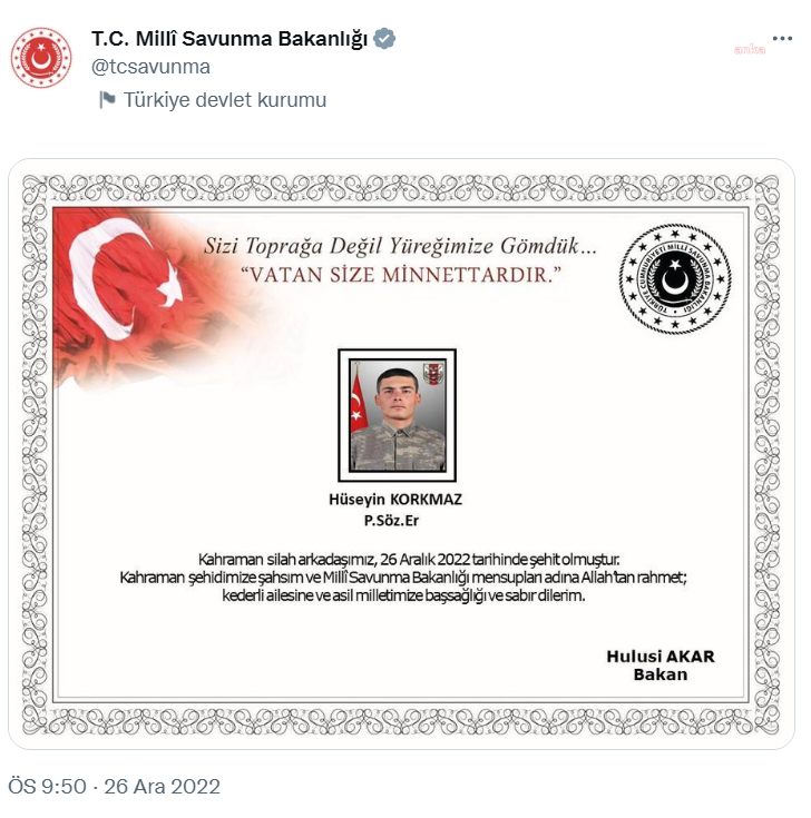 MSB: PİYADE SÖZLEŞMELİ ER HÜSEYİN KORKMAZ ŞEHİT OLDU