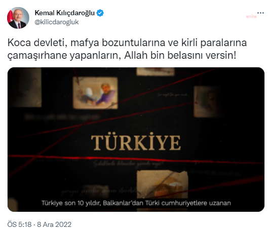 KILIÇDAROĞLU: “KOCA DEVLETİ, MAFYA BOZUNTULARINA VE KİRLİ PARALARINA ÇAMAŞIRHANE YAPANLARIN, ALLAH BİN BELASINI VERSİN”