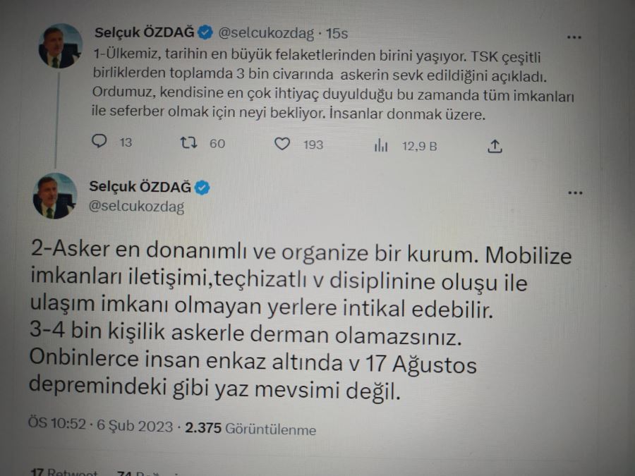 Gelecek Partisi Genel Başkan Yardımcısı Selçuk Özdağ çağrıda bulundu Ordu harekete geçti; 2. Ordu komandoları deprem bölgesine sevk ediliyor