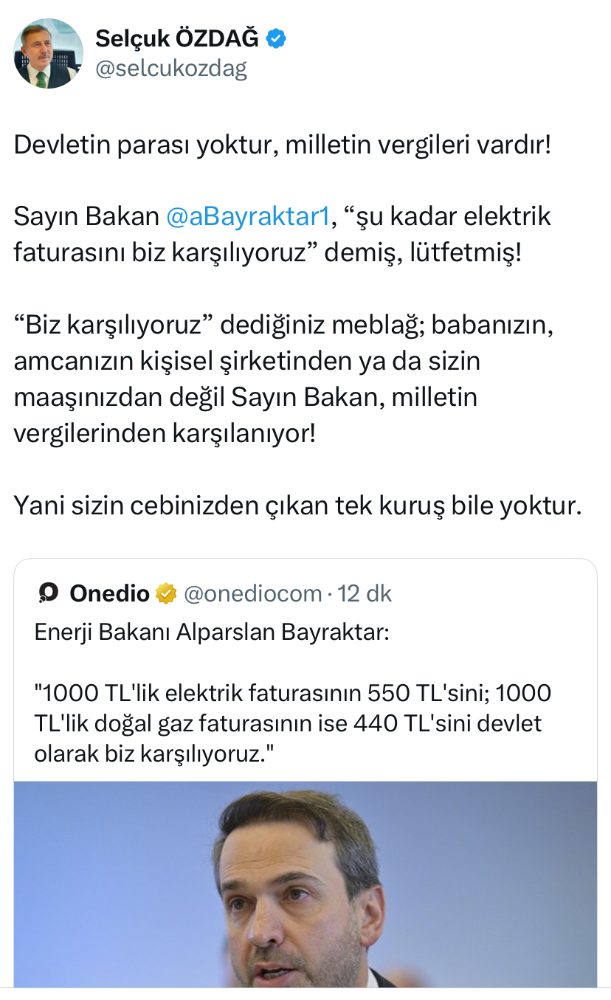 Selçuk Özdağ’dan Enerji Bakanı Bayraktar’a Tepki: “Devletin Parası Yoktur, Milletin Vergisi Vardır!”