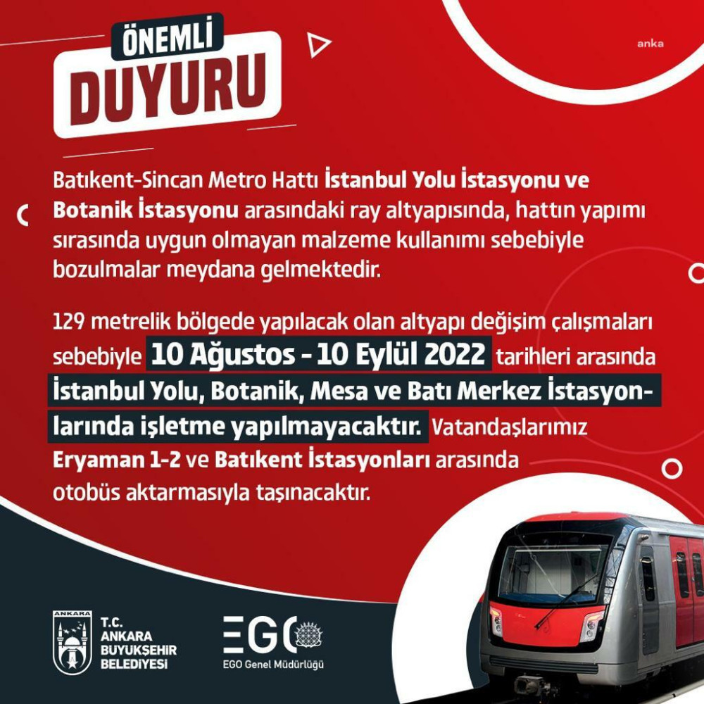 ABB UYARDI: ANKARA METROSU’NDA ALTYAPI ÇALISMASI YARIN BASLIYOR