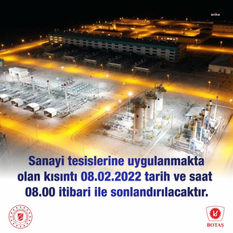 BOTAŞ: Sanayi Tesislerinde Uygulanmakta Olan Kısıntı Yarın Sabah Sonlandırılacak