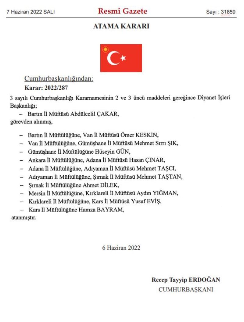 CUMHURBAŞKANI ERDOĞAN 10 İLE MÜFTÜ ATADI