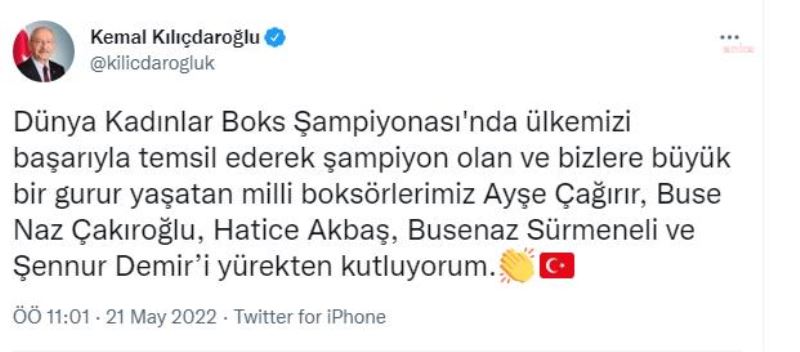 KILIÇDAROĞLU, ŞAMPİYON KADIN BOKSÖRLERİ TEBRİK ETTİ