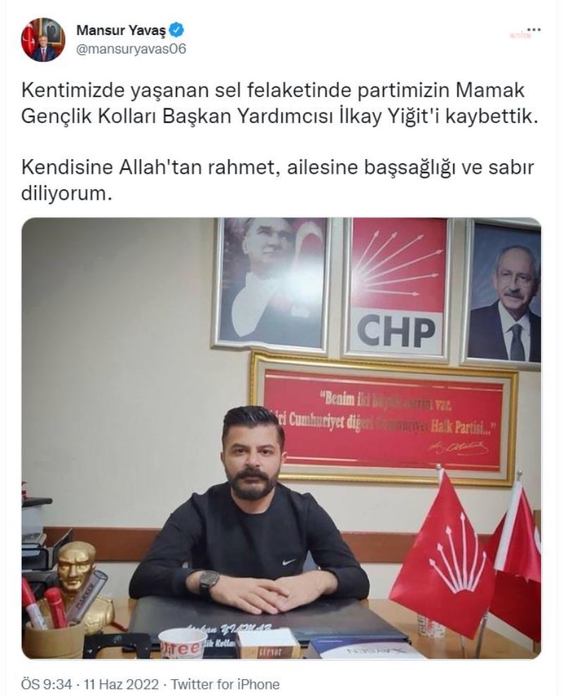 MANSUR YAVAŞ: “KENTİMİZDE YAŞANAN SEL FELAKETİNDE PARTİMİZİN MAMAK GENÇLİK KOLLARI BAŞKAN YARDIMCISI İLKAY YİĞİT