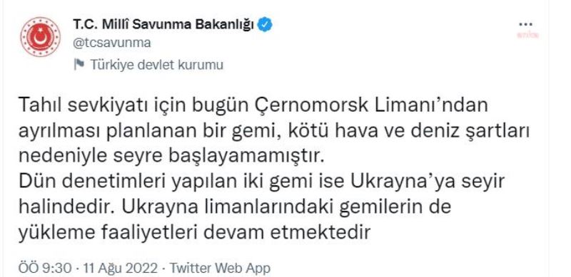 MSB, TAHIL YÜKLÜ BIR GEMININ KÖTÜ HAVA SARTLARI NEDENIYLE UKRAYNA