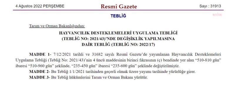 TARIM VE ORMAN BAKANLIGI, HAYVANCILIK DESTEGINDE BESICILERI MAGDUR EDEN 450 GÜN SARTINI 600 GÜNE ÇIKARDI