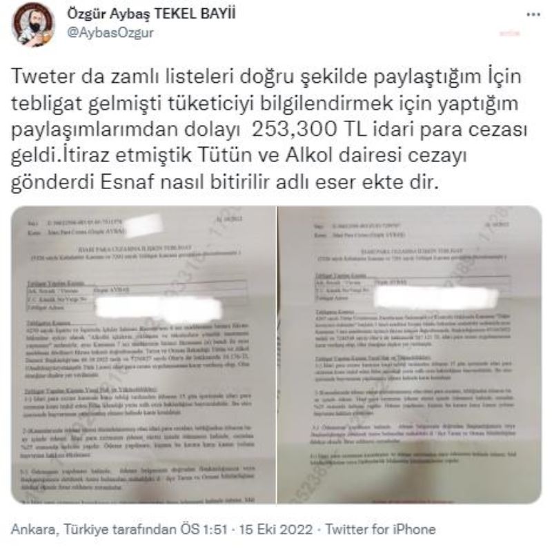 TEKEL BAYILERI PLATFORM BASKANI ÖZGÜR AYBAS’A, TÜTÜN ÜRÜNLERININ ZAMLI FIYAT LISTESINI PAYLASTIGI GEREKÇESIYLE 237 BIN TL PARA CEZASI