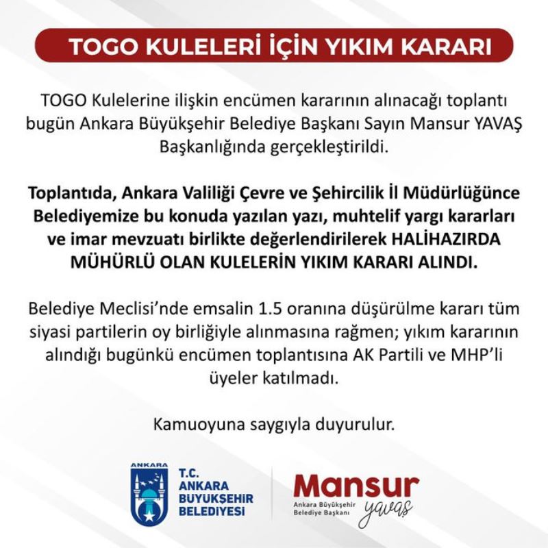 TOGO KULELERİNE YIKIM KARARI